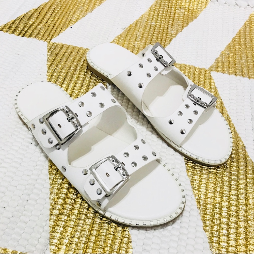 White Double Buckle Slide Sandals